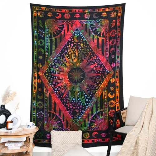 Himmlischer Sternzeichen-Wandteppich 213 x 228 cm Orange, mehrfarbig, Baumwolle, Hippie-Mandala, psychedelisch, brennende Sonne, Wandbehang, böhmische Wandteppiche für Schlafzimmerdekoration