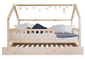 Profiwood Kinderbett mit Ausziehbett - Kinder Einzelbett - Funktionsbett, Ausziehbett, Jugendbett, Hausbett für Jungen und Mädchen - aus natürlichem Holz, Massives Kiefernholz- 120x200 cm