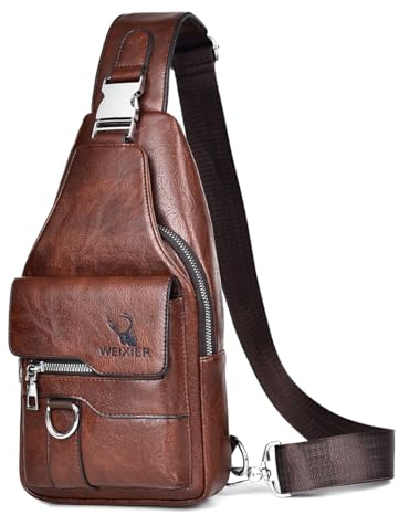 A-QMZL Bolso Hombre de Pecho de Piel Bandolera Cuero Bolsos Bandolera Casual Sling Bag Mochila Hombro Bolsas Impermeable Crossbody de Viaje Trabajo (Marrón oscuro)