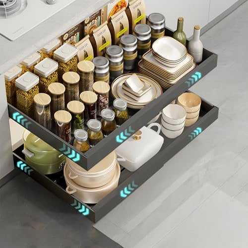 Pull Out Cabinet Organizer, Baimistar Extendable Slide Out Drawer[Adhesive,Heavy Duty]for Kitchen Cabinets, Pull Out Kitchen Cupboards Storage No Need Drill and Nailing, Adjustable Width 32-52cm,1Pack