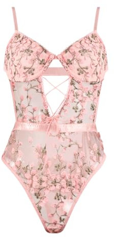 Satohom Womens One Piece Bodysuit Sexy Lingerie Lace Up Floral Teddy Babydoll Embroidered Mesh Sheer Leotard Tops with Underwire Underwear Adjustable Strap Sleepwear Bedroom for Christmas