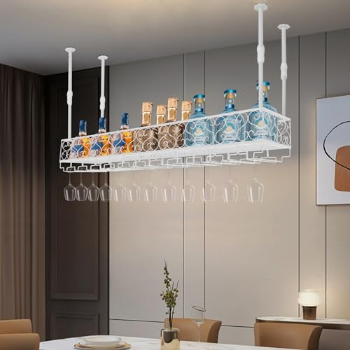 KEESUNG 120CM Vintage Deckenregal Weinglashalter, Weinregal für die Deckenmontage Hängende Weinregal Gläserregal Weinglashalter Deckendekoration Regal (Weiß)