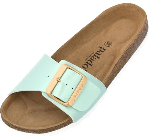 Palado Pantoletten Damen Malta EGS Metallic - bequeme Sandalen Made in Spain - Hausschuhe mit dämpfendem Kork-Fußbett - modische Sommerschuhe Mint UK9 - EU42