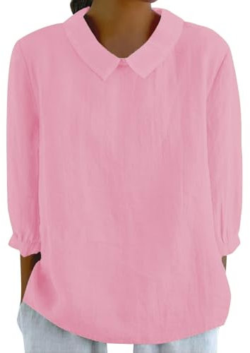 TIMEMEAN Chemise Col Mao en Lin Tenue Infirmière Blouse Cuisine Femme Coton Grande Taille Avec Poche Rose 3XL