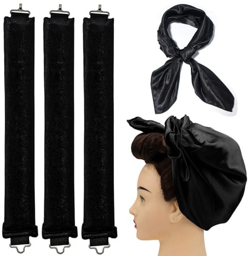 FloralGrace 4 Stück Heatless Curls Band Locken Ohne Hitze Overnight Blowout Long Hair Hair Curler Ideal Für Jeden Haartyp (3 Lockenwickler & 1 Kopftuch) (Schwarz)