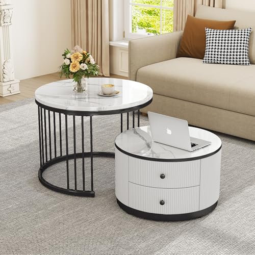 BTM High Gloss Round Coffee Tables with Storage, Black Coffee Table with Marble Pattern Top + White Coffee Table with 2 Storage Drawers, Nesting Coffee Table Set for Living Room, 60x60x45.5+50x50x32cm