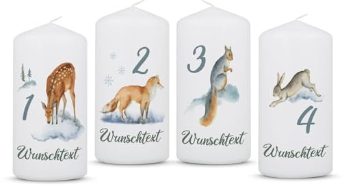 GRAVURZEILE Bedruckte Adventskerzen - Wintertiere Aquarell - Weihnachtskerze für den Adventskranz 4er Set - Dekoration zu Weihnachten - Geschenk für Sie & Ihn - Stumpenkerze 120/58 mm