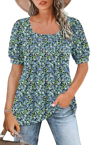 WNEEDU Tee Shirt Femme col Carré Tunique Femme Été T-Shirt Manches Courtes Chemise Fluide Plissée Hauts Chic Élegant Ample Top Fleurs Bleues Vertes 3XL