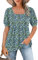 WNEEDU Tee Shirt Femme col Carré Tunique Femme Été T-Shirt Manches Courtes Chemise Fluide Plissée Hauts Chic Élegant Ample Top Fleurs Bleues Vertes 3XL