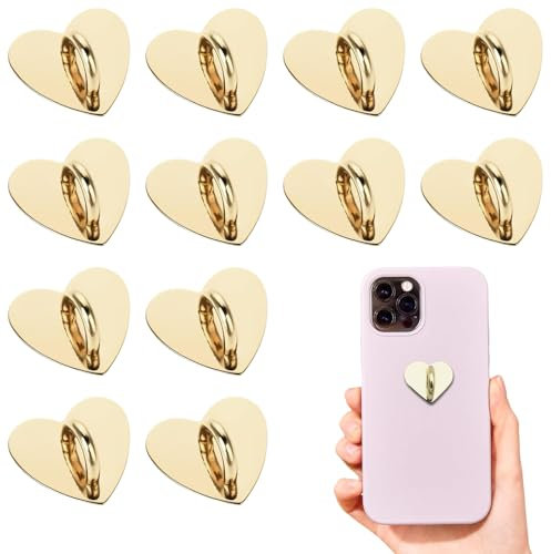 12 Pcs Phone Charm Hook Heart-Shaped Universal Adhesive Metal Hook Phone Keychain Hook Surface Plating Heart Cell Phone Ring Holder Suitable for Cell Phone Case Tablet DIY Hanging Accessories (Gold)