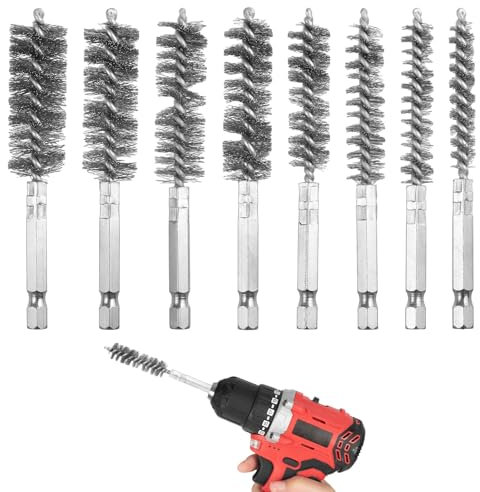Watlikeup 8 Pcs Stainless Steel Wire Brush Set, Flexible Nylon Bristles, 8-19mm, for Drill, Cleaning Cars, Pipes, Engines