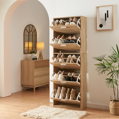 [en.casa] Schuhschrank Sykkylven Schuhkipper mit 5 Klappen Schuhkommode für 20 Paar Schuhe 169 x 60 x 24 cm Sonoma-Eiche