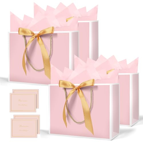 AMFUN Lot de 4 Pochettes Cadeaux avec Anse, Sacs Cadeaux en Papier Avec Ruban d'Arc, Pochettes en Papier avec Anse, Emballage Cadeau pour Noël, les Anniversaires, Mariages, Fête(Rose Bord Blanc)