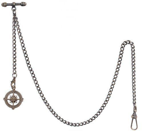 Kchss Pocket Watch Chain Double Albert Chain T-Bar Watch Chain with Compass Rudder Pendant Bronze