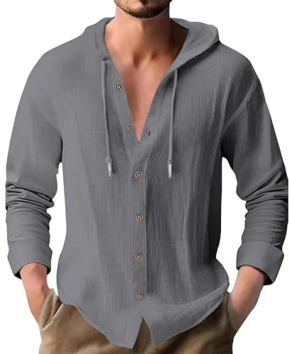 PRIVIMIX Mens Shirts Long Sleeve Linen Shirt Cotton Hooded Tshirt Button Down Lightweight Hoodies Top for Men S-3XL