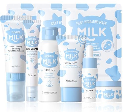 Milk Skincare Set Geschenke Für Mädchen, Gesichtspflege Set Damen & Teenager Mädchen Geschenke, Skin Care Set & Hautpflege Geschenkset Frauen mit Creme,Serum,Augencreme,Gesichtsmaske (9PCS)