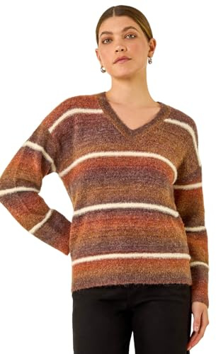 Roman Originals Stripe Fluffy Knit Jumper for Women UK - Ladies Everyday Autumn Winter V-Neckline Comfy Soft Evening Vacation Work Party Night Out - Brown - Size 10