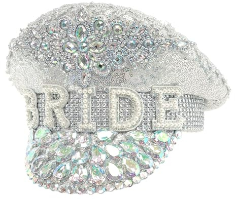 W WIDMANN MILANO Party Fashion - Bride Schirmmütze | Paillettenkappe Braut, silber mit Glitzersteinen für, Junggesellinnenabschied und Festivals
