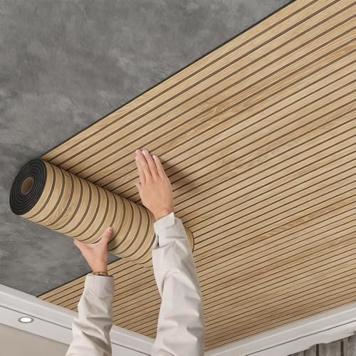 Minglez Dalle de Plafond Panneaux Muraux Décoratifs Imitation Bois 3D, Papier Peint Adhésif en Mousse Épaisse pour Cuisine/Salon, Dalles de Plafond en Rouleau pour Faux Plafond(0.6x12m/2x39ft)