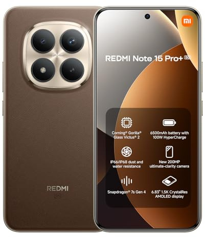 XIAOMI REDMI Note 15 Pro+ 5G - Smartphone de 12+512GB, Pantalla AMOLED 6,83 1.5K AMOLED, Snapdragon 7s Gen 4, cámara de 200 MP, Hypercharge 100W, Cargador no Incluido, café Moca (Versión ES)