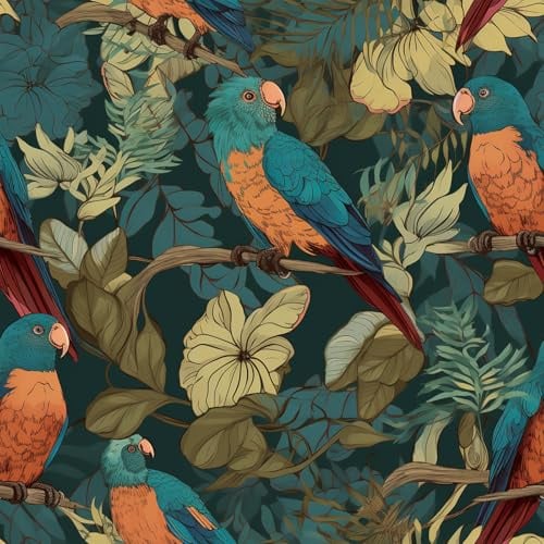 ANLIKY-Pro Self Adhesive Wallpaper Jungle Parrot Peel and Stick Contact Paper, 44x500CM Teal Orange Jungle Birds Removable Wallpaper Vinyl Film Wrap for Wall Cabinets Scene Furniture