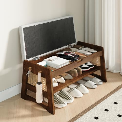 Solid Wood Entryway Shoe Bench, 70cm Storage Bench with Flip-Top Storage | Shoe Rack with Cushion Seat and Side Hook for Living Room, Bedroom, Hallway (Brown + Beige Grey)