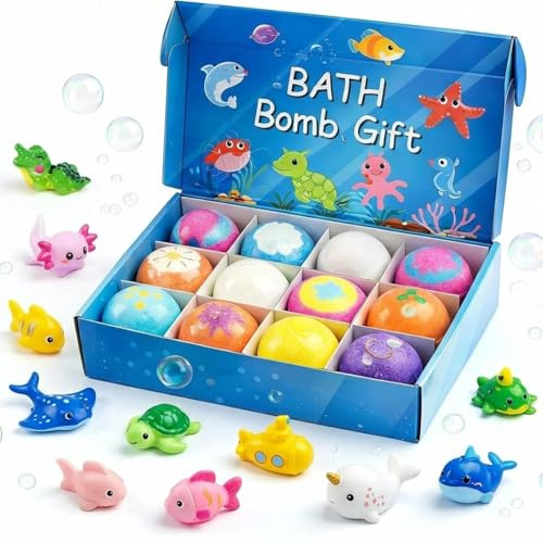 Bath Bomb Gift Set For Kids - 12 Stück Badesalz Kugeln | Land-und Meeresspielzeug Überraschung | Sanfte Pflege Für Kinderhaut | Sprudelndes Schaumbad | Revitalisierend Und Erfrischend