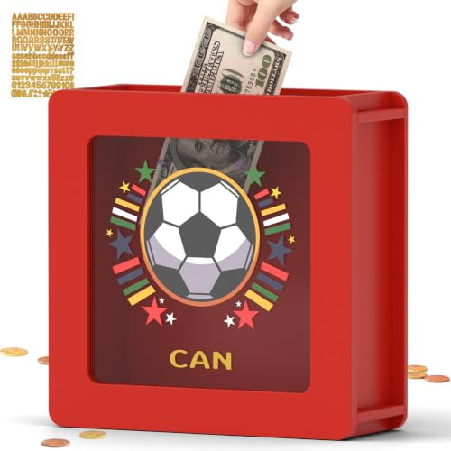 Wooden Soccer Money Box, Football Piggy Bank for Kids, Savings Jar Gift | Reusable Piggy Bank with Transparent Window for Kids and Adults, Football Sports Gift for Christmas, Birthday and Holiday