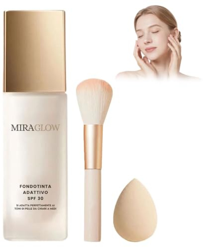 Miraglow Fondotinta Adattivo over 50, MiraGlow Fondotinta Adattivo Pelli Mature, Coprenza Naturale Texture Idratante Trucco a Lunga Tenuta