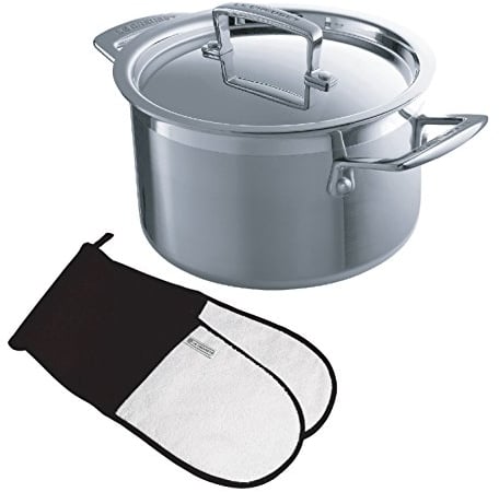 Le Creuset 3-ply Stainless steel 18cm Deep Casserole with lid and Textiles Double Oven Glove - Black