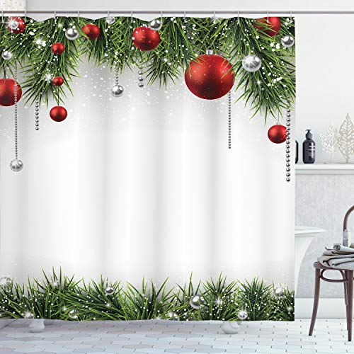 ABAKUHAUS Weihnachten Duschvorhang, Baum Balls Ornaments, Stoffliches Gewebe Badezimmerdekorationsset mit Haken, 175 x 240 cm, Grün Rot
