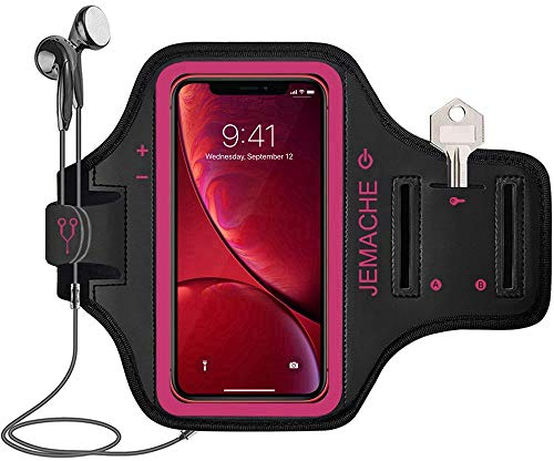 iPhone 16e 16 15 Armband, JEMACHE Gym Laufen Übung Workouts Arm Band für iPhone 16e 16 15 14 13 12 11 mit Karte Halter (Rosig)