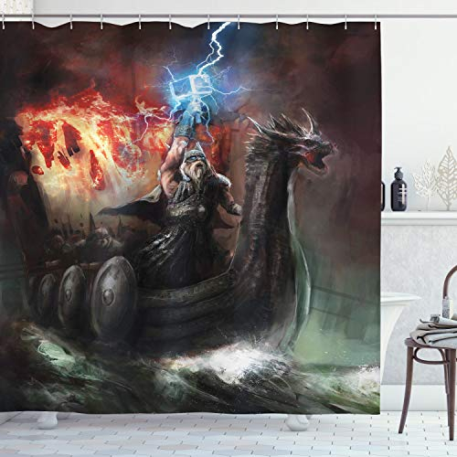 ABAKUHAUS Drachen Duschvorhang, Wikinger-Boot Stürmische See, Stoffliches Gewebe Badezimmerdekorationsset mit Haken, 175 x 180 cm, Dunkelbraun Grün