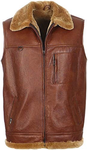 Hollert Herren Lammfellweste FIRMINIUS MIT Kragen KASTANIENBRAUN 100% Merino Schaffell Lederweste Fellweste Jagdweste