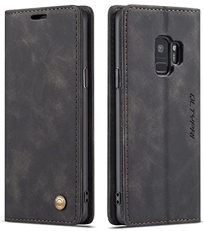 QLTYPRI Hülle für Samsung Galaxy S9, Vintage Dünne Handyhülle mit Kartenfach Geld Slot Ständer PU Ledertasche TPU Bumper Flip Schutzhülle Kompatibel mit Samsung Galaxy S9 - Schwarz