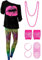 80er Jahre Damen Kostüm Set, T Shirt, Legging Hose Ohrring Halskette Handschuhe Armband(Kurz Ärmel Leopard,XXL)