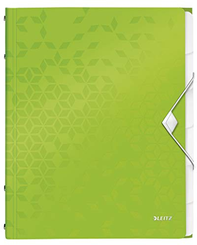 Leitz A4 Ordnungsmappe für bis zu 200 Blatt, 6 Fächer mit Taben zur Ordnung des Inhalts, Gummibandverschluss, Grün, WOW, 46330054