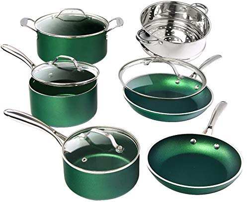 Granitestone 7386 Granite Stone Classic Emerald Pots and Pans Set with Ultra Nonstick Durable Mineral & Diamond Tripple Coated Surface, Stainless Steel Stay Cool Handles, Aluminum, Green