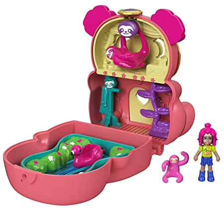 Polly Pocket GTM59 - Drehspaß-Schatulle Faultier, mit kleine Puppe, Faultierfigur & versteckte Überraschungen, tolles Geschenk für Kinder ab 4 Jahren