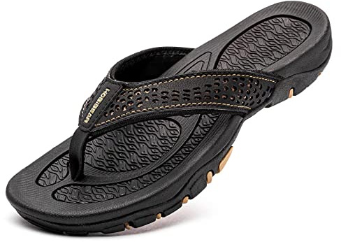 Mens Flip Flops Arch Support Flat Comfort Thongs Sandals Beach Sport Summer Slippers Indoor Outdoor Pool Swimming Bathing Sliders Extra Wide Black Size 8 UK