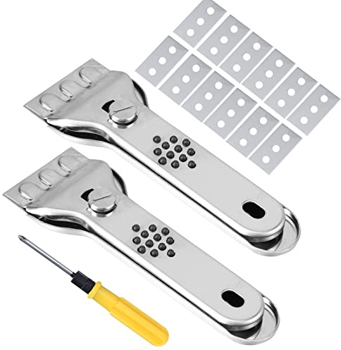 Wzone Raschietto Piastra Ceramica 2 Pezzi con Lame di Ricambio 12 Fogli Raschietto di Vetro per Pulizia Stufa Raschietto con Maniglia Antiscivolo e Lama Guard