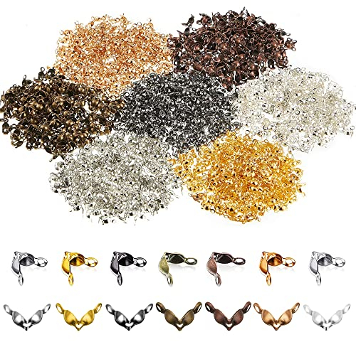 Allazone 1400 Stück Fold Clamshell Bead End Tips with Double Loop, 7 Farbe Clamshell Crimp Bead Tipps Endkappe Knoten Abdeckung für Schmuck Handwerk Machen
