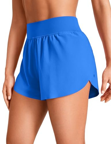 CRZ YOGA High Waisted Dolphin Athletic Running Shorts for Women 3 High Split Comfy Mesh Liner for Gym Workout Track Sparkle Blue Medium