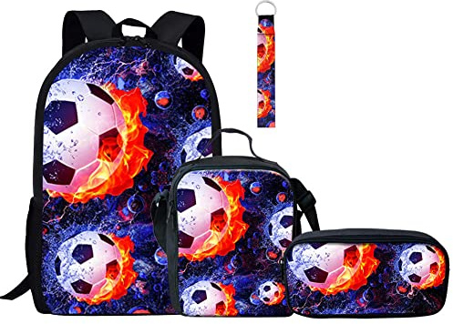 Jeiento Children's Sports School Set with Shoulder Bag, Pencil Case & Key Chain - Soccer Printing, 4PCS Boys & Girls Travel Backpacks
