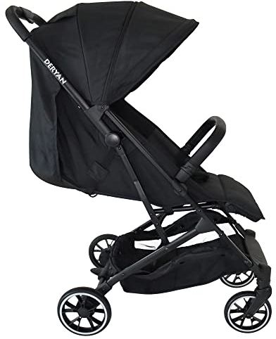 Deryan Luxus Rolo Reise Buggy - für Kinder ab Geburt bis 22 kg mit Liegefunktion - Ultraleicht 7,5 kg - Einhändig Klein Zusammenklappbar, UPF 50+, Korb bis 3 kg (Schwarz)