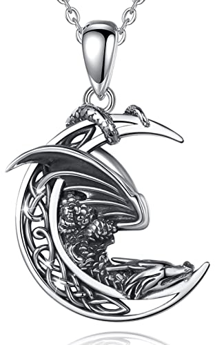 AEONSLOVE Collier Dragon Argent 925 pour Femme Homme Pendentif Lune Vintage Bijoux Viking pour Ado Garcon Fille, Cadeau Amulette Totem Spirituel, Chaîne de 45,7 CM