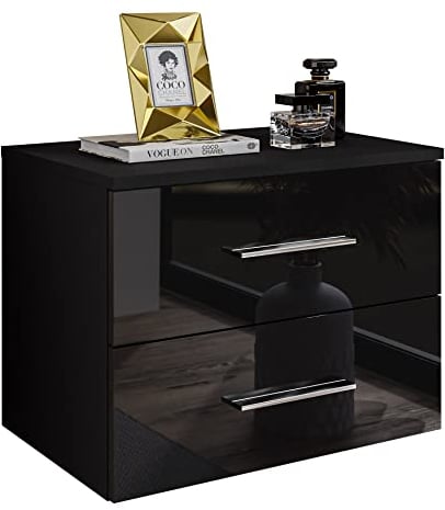 lukmebel Hängender Nachttisch LINA II 55x42x37 cm- LED Beleuchtung - Nachtkästchen - Schwarz/Schwarz Hochglanz - Verchromte Griffe - Nachtschrank - Beistelltisch mit Schublade - Schlafzimmerschrank