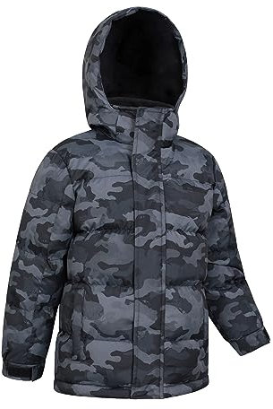 Mountain Warehouse Snow Kids Printed Water Resistant Padded Jacket -Fleece Lined Puffer Coat with Hood, Girls & Boys - Winter, Walking, Travel Camouflage (01) Kids Size 7-8 Years