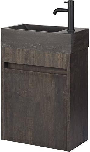 Saqu Florence Gäste WC Waschbecken mit Unterschrank Vormontiert - in Schlossbraun mit Naturstein-Waschbecken rechts - Kleines Gäste WC Bad Möbel mit Waschtisch