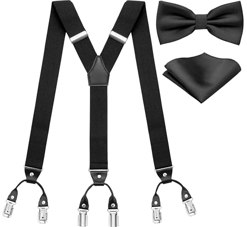Herren Hosenträger Set mit Fliege und Einstecktuch - Schwarz